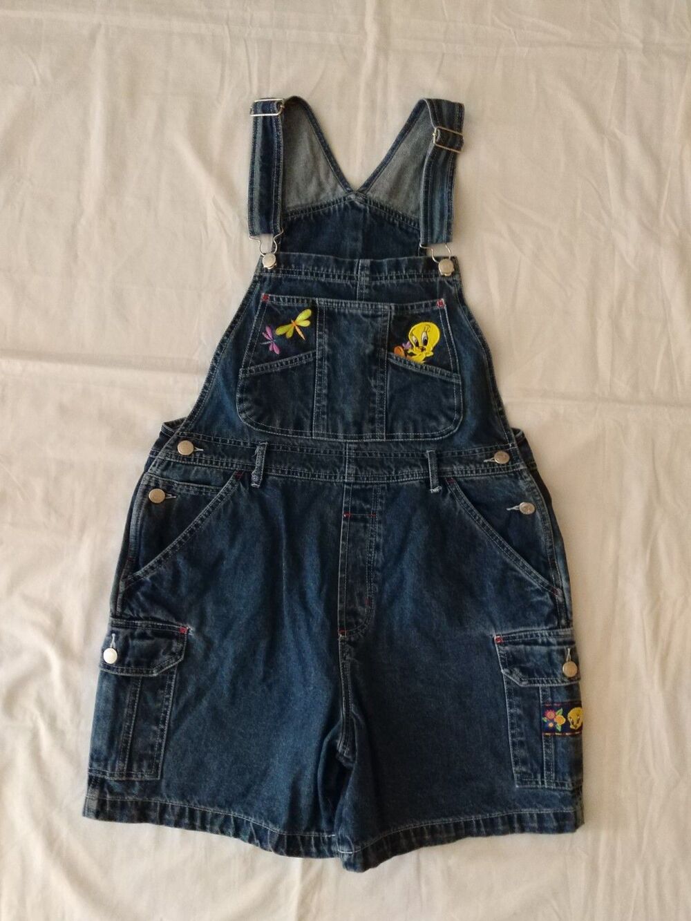 Vtg LOONEY TUNES Tweety Bird Butterfly Shortalls Shorts Y2k 90s Oversized SMALL - Picture 11 of 11